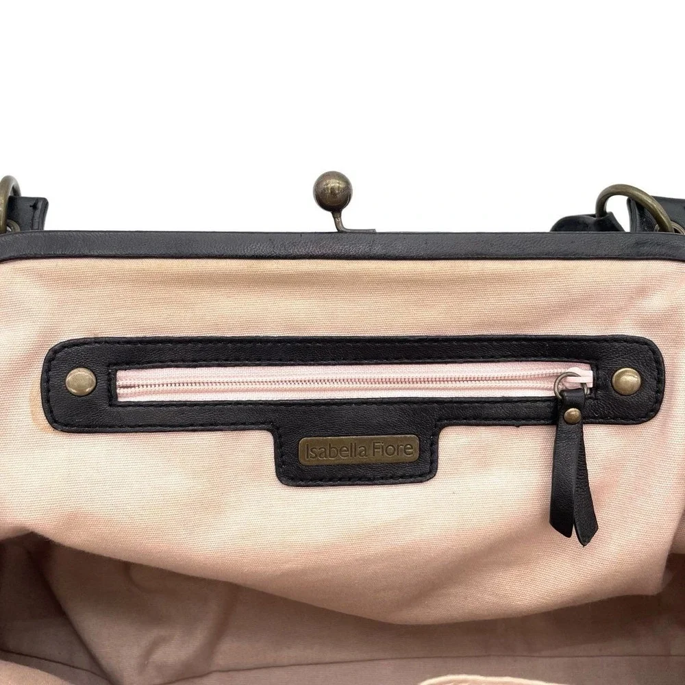 VTG Y2K Isabella Fiore Black Cream Leather Embroidered Satchel Shoulder Bag